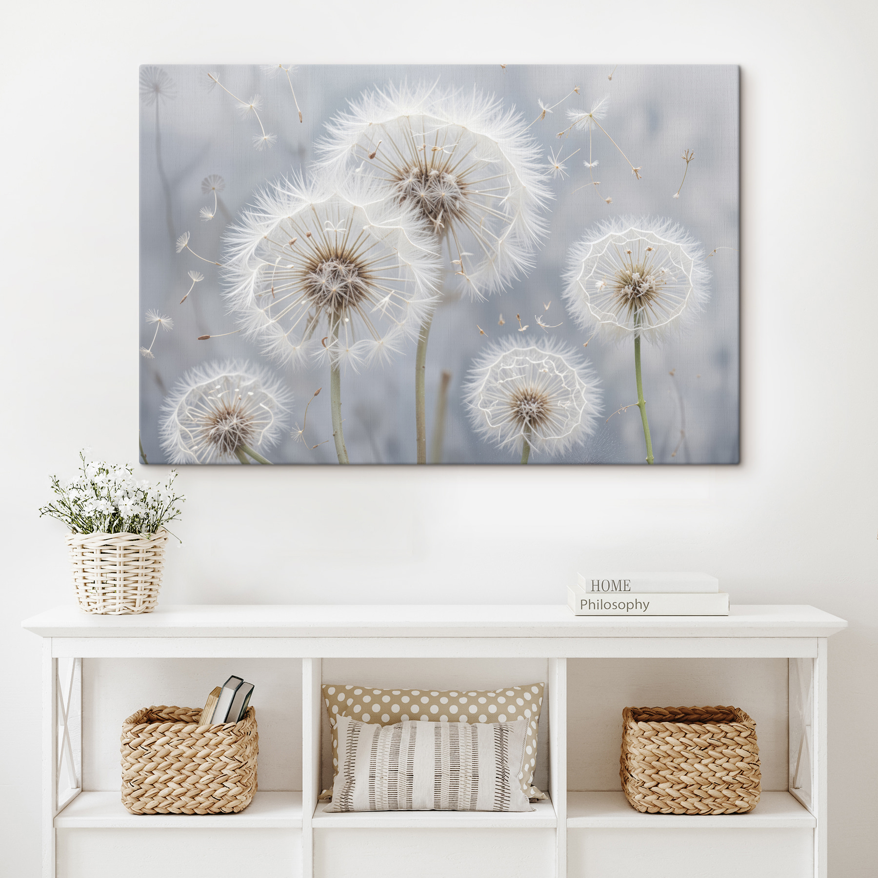Group of dandelions with seeds flying
