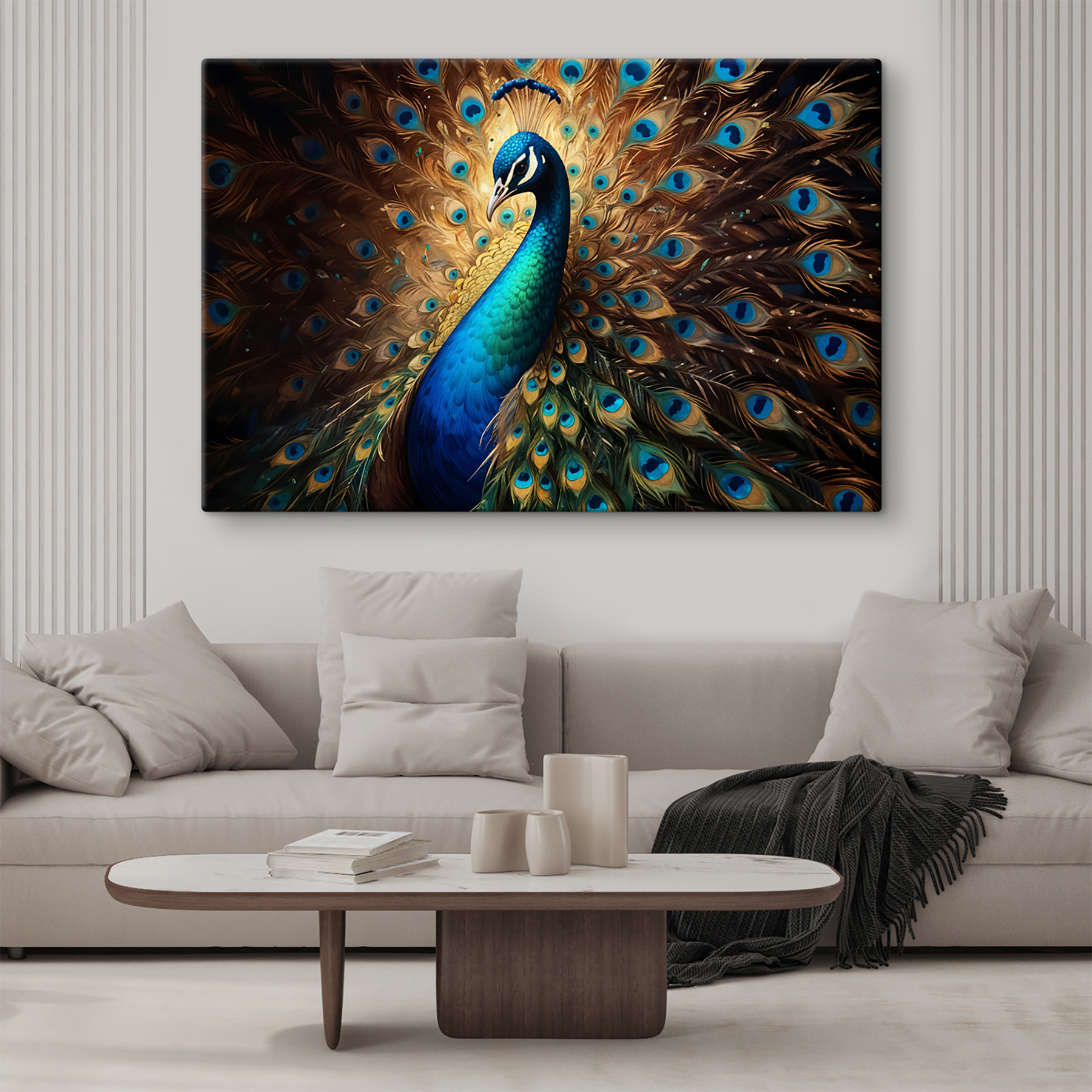 Peacock with its tail feathers spread out