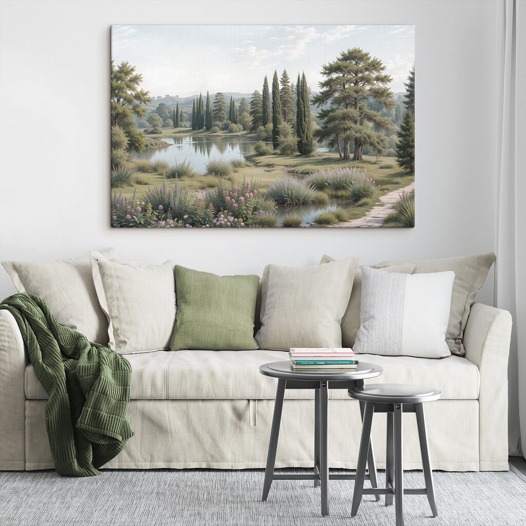 Lake with trees and grass and flowers