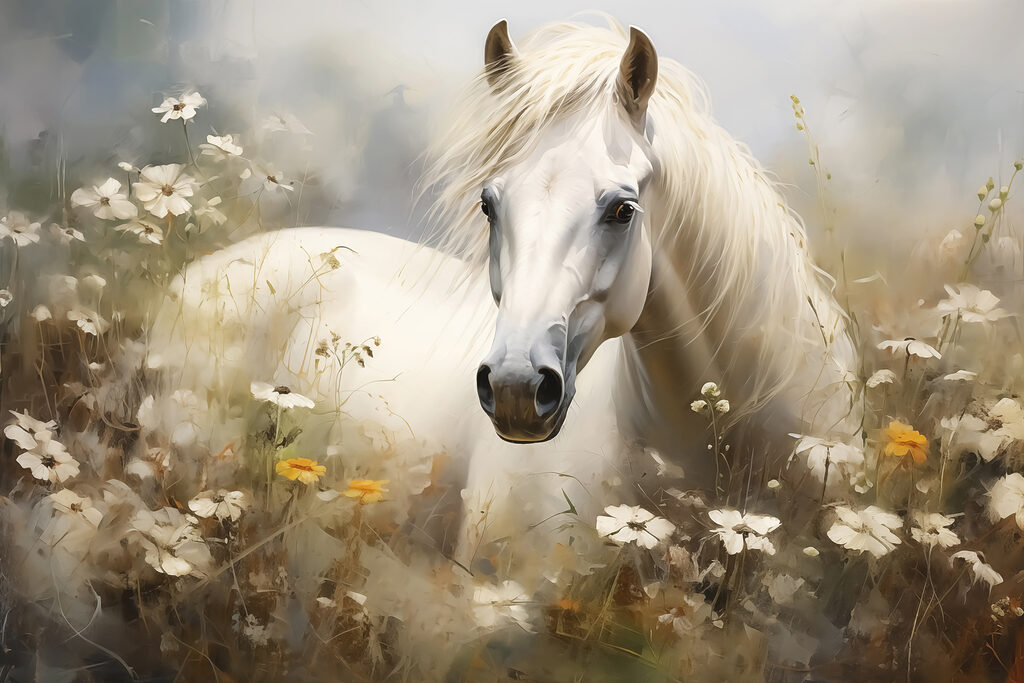 White horse in a field of flowers White horse in a field of flowers