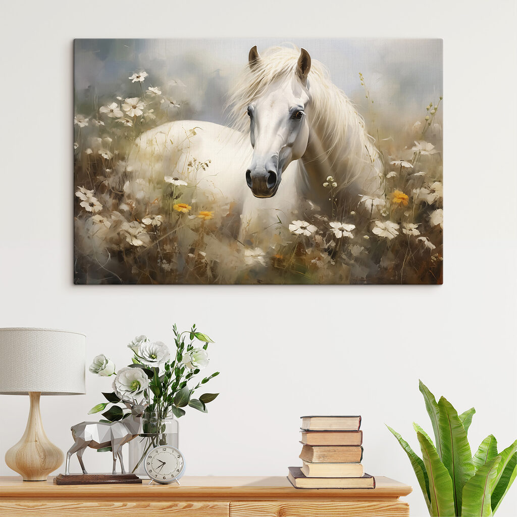 White horse in a field of flowers White horse in a field of flowers