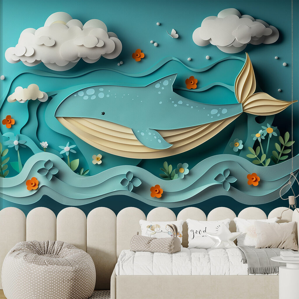 Paper cut whale in the ocean Paper cut whale in the ocean