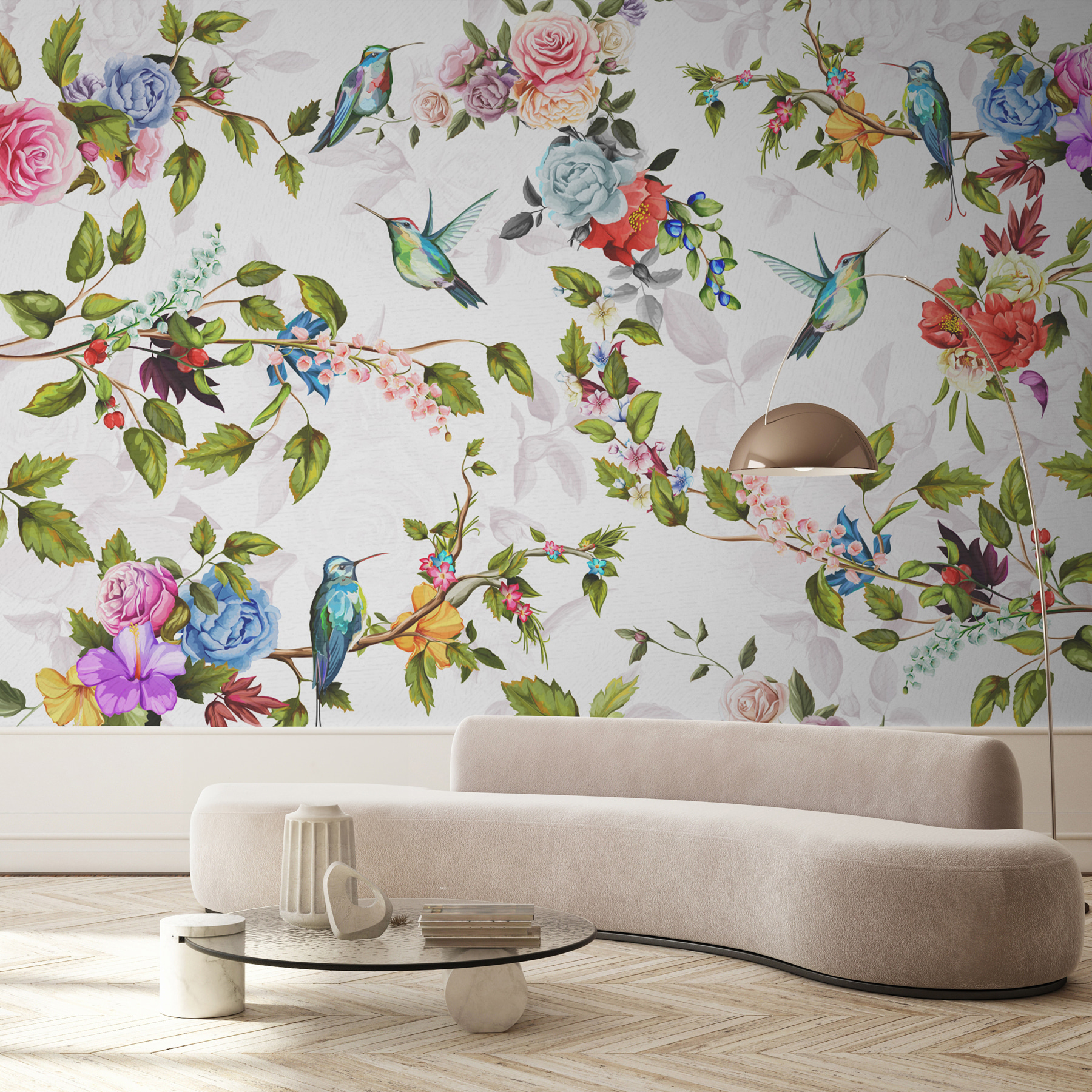 Wallpaper with flowers and birds