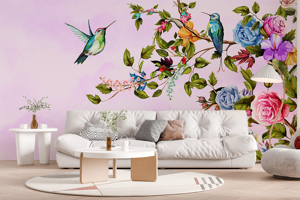 Painting of birds on a branch with flowers Painting of birds on a branch with flowers
