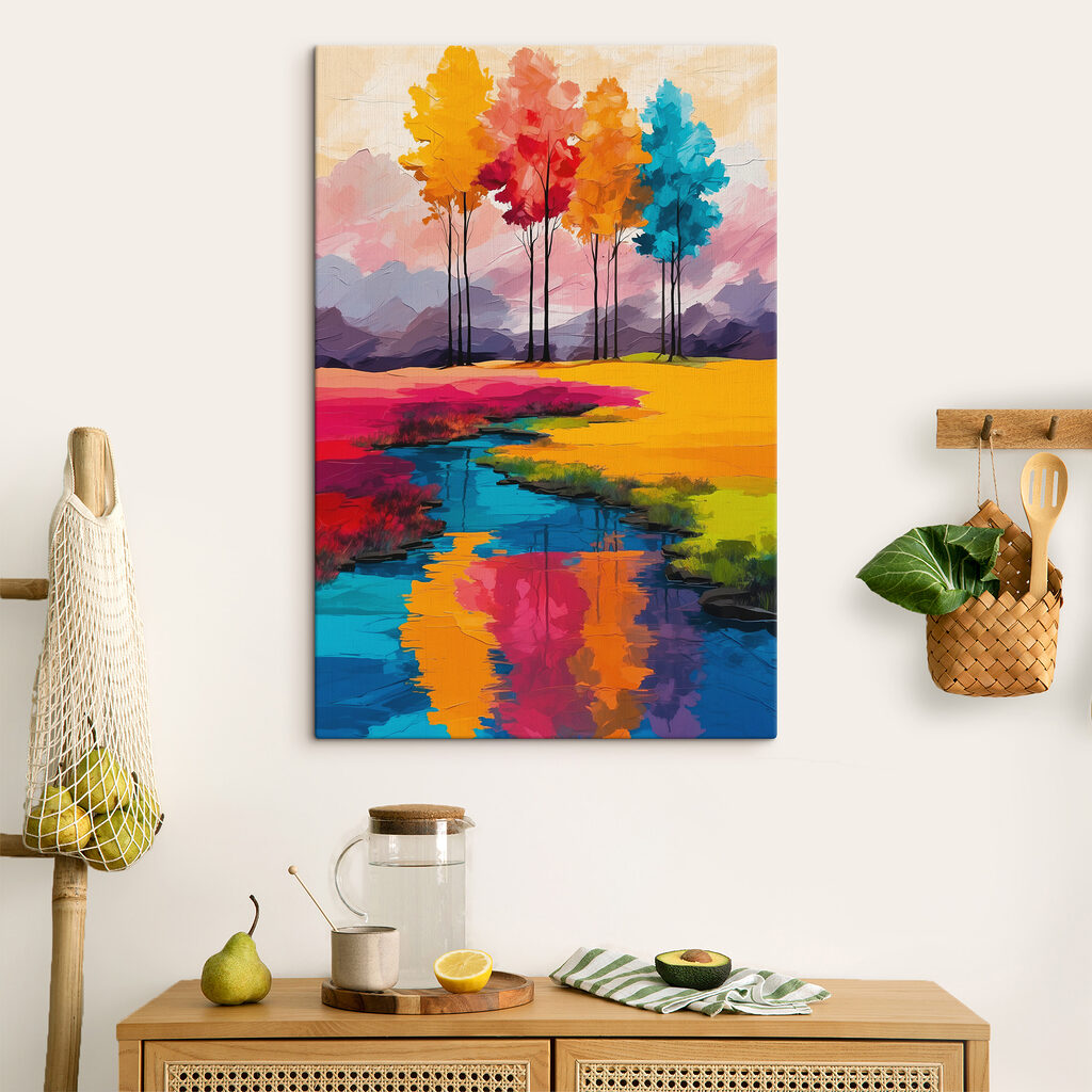 Painting of a river running through a field of colorful trees