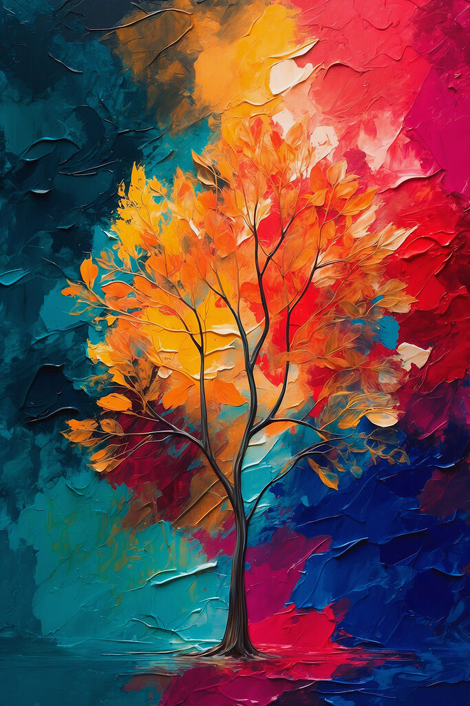 Painting of a tree with orange and blue leaves