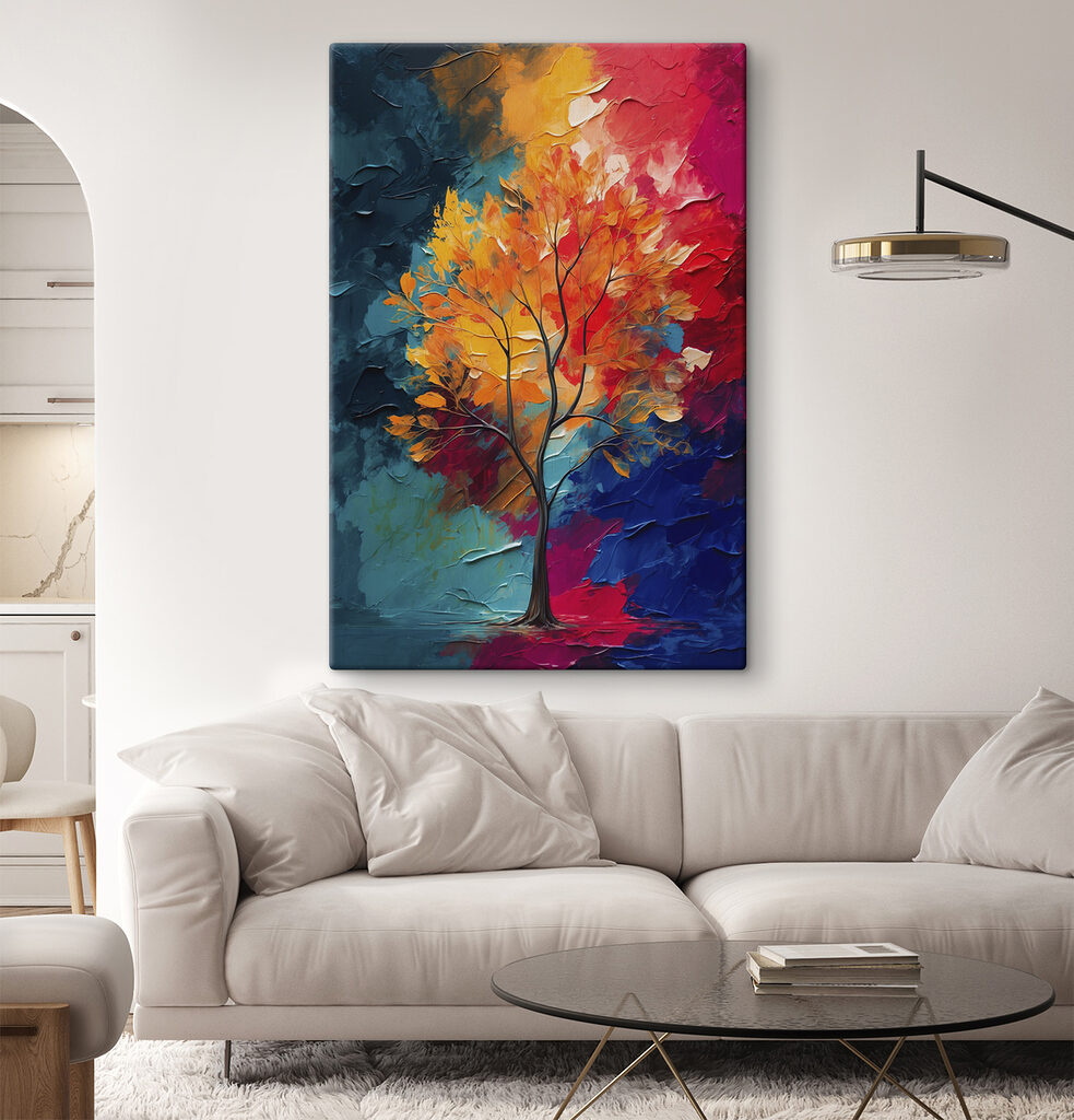Painting of a tree with orange and blue leaves