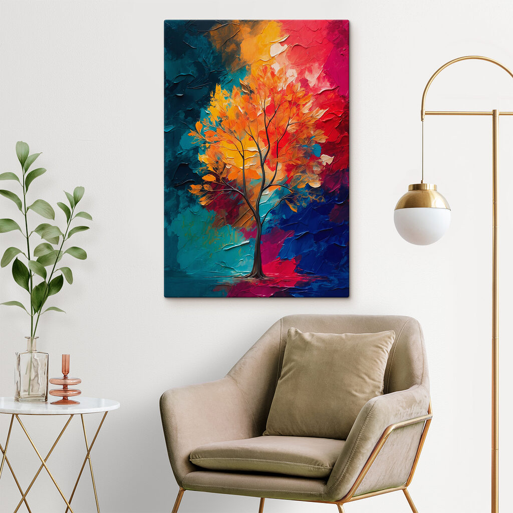 Painting of a tree with orange and blue leaves