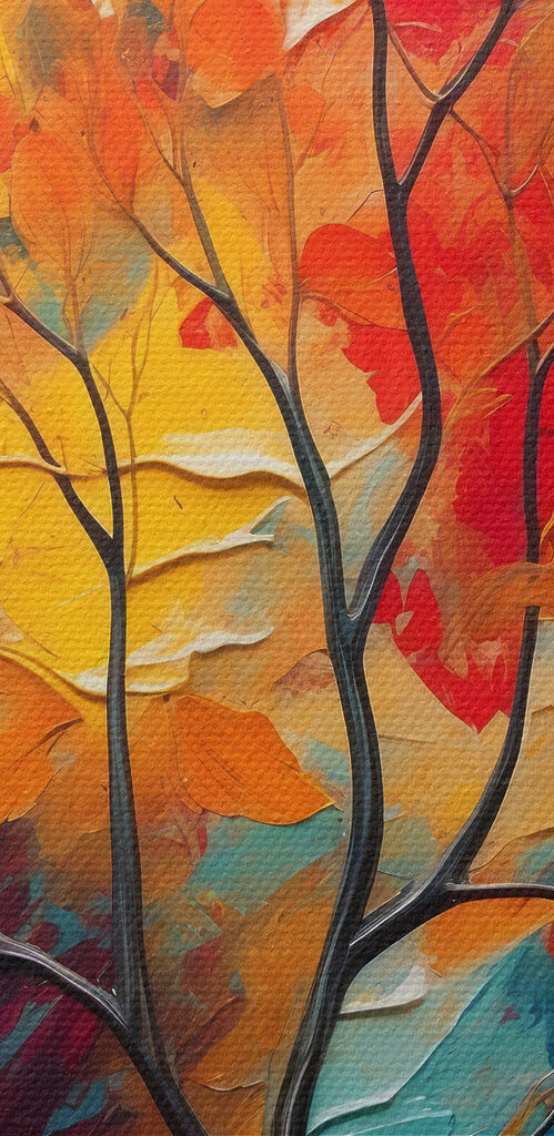 Painting of a tree with orange and blue leaves