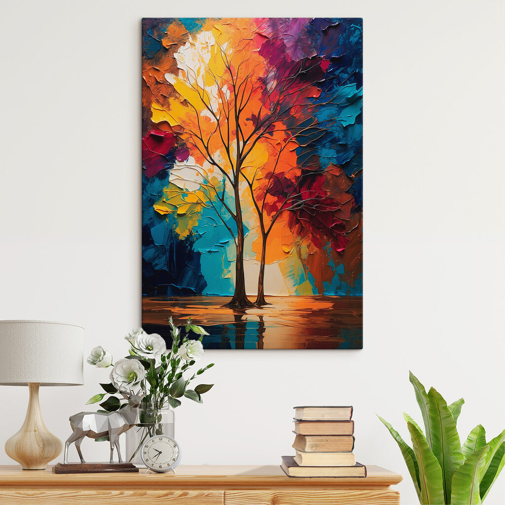 Painting of trees with colorful leaves