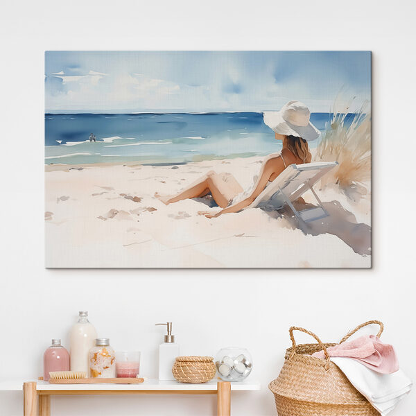 Nő ül egy székben a strandon Nő ül egy székben a strandon