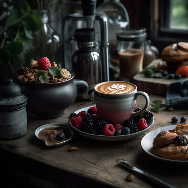 Egy csésze kávé latte art tányéron gyümölcsökkel és gabonafélékkel Egy csésze kávé latte art tányéron gyümölcsökkel és gabonafélékkel