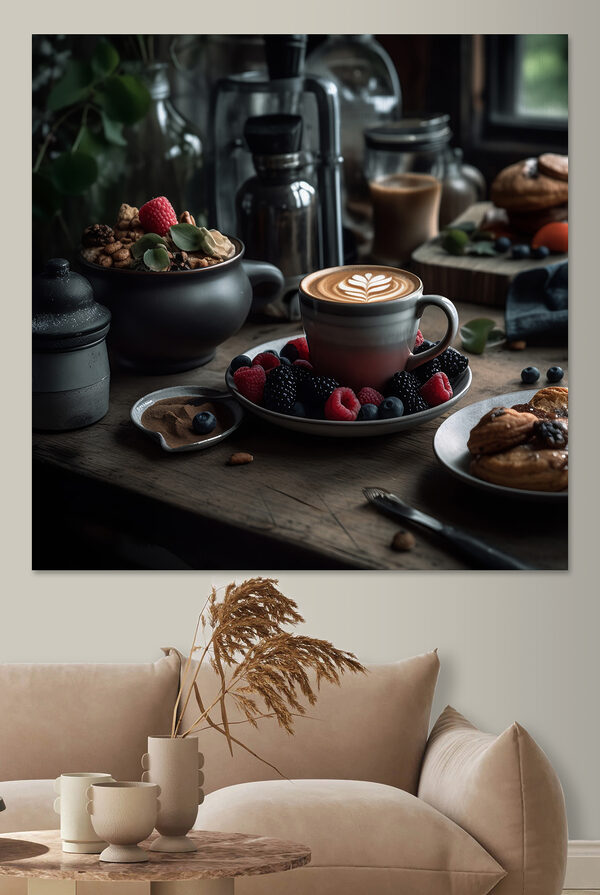 Egy csésze kávé latte art tányéron gyümölcsökkel és gabonafélékkel Egy csésze kávé latte art tányéron gyümölcsökkel és gabonafélékkel