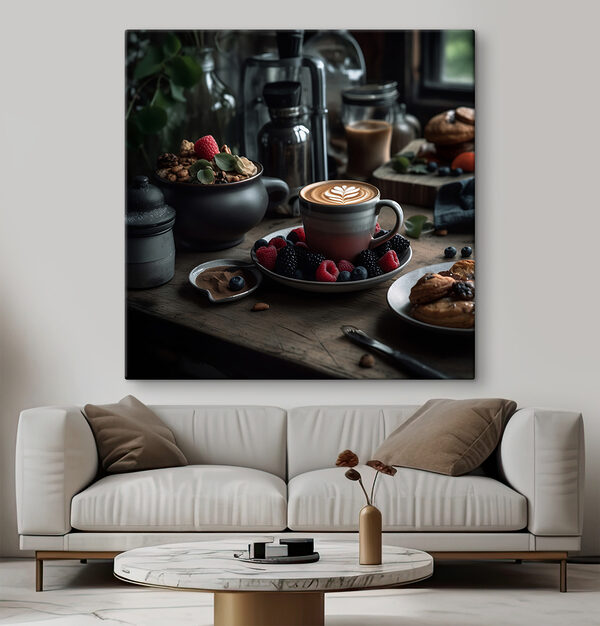Egy csésze kávé latte art tányéron gyümölcsökkel és gabonafélékkel Egy csésze kávé latte art tányéron gyümölcsökkel és gabonafélékkel