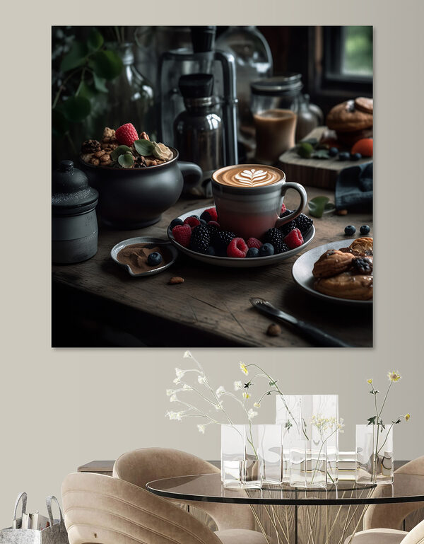 Egy csésze kávé latte art tányéron gyümölcsökkel és gabonafélékkel Egy csésze kávé latte art tányéron gyümölcsökkel és gabonafélékkel
