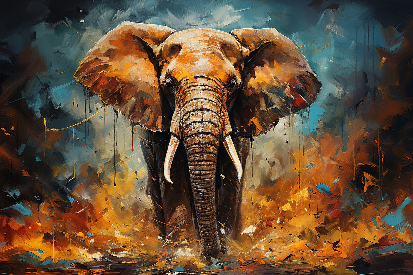 An elephant with tusks and dirt