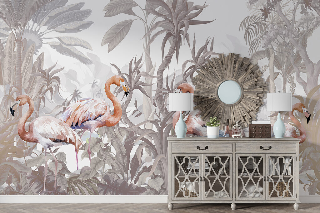 Group of flamingos in a forest Group of flamingos in a forest