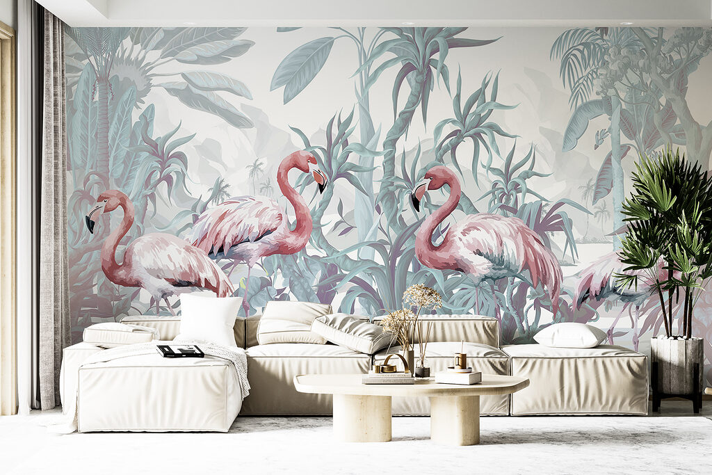 Group of flamingos in a jungle