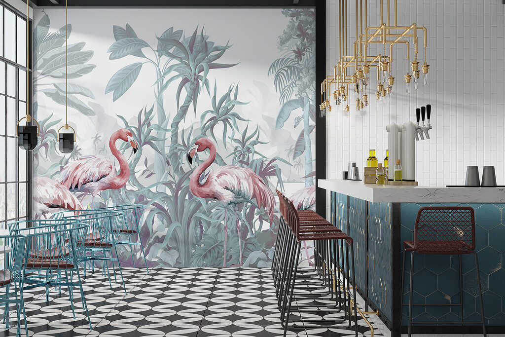 Group of flamingos in a jungle