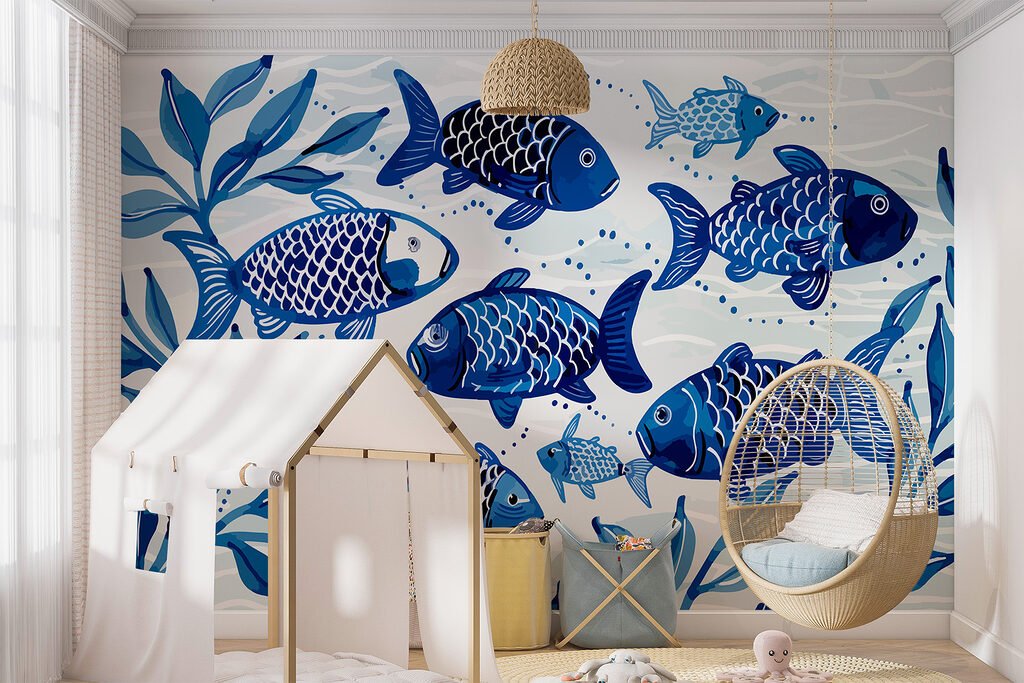 Group of blue fish swimming in water