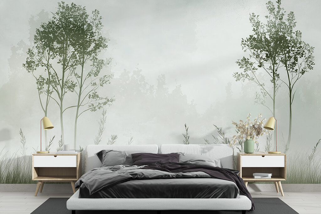 Foggy landscape with trees and grass Foggy landscape with trees and grass