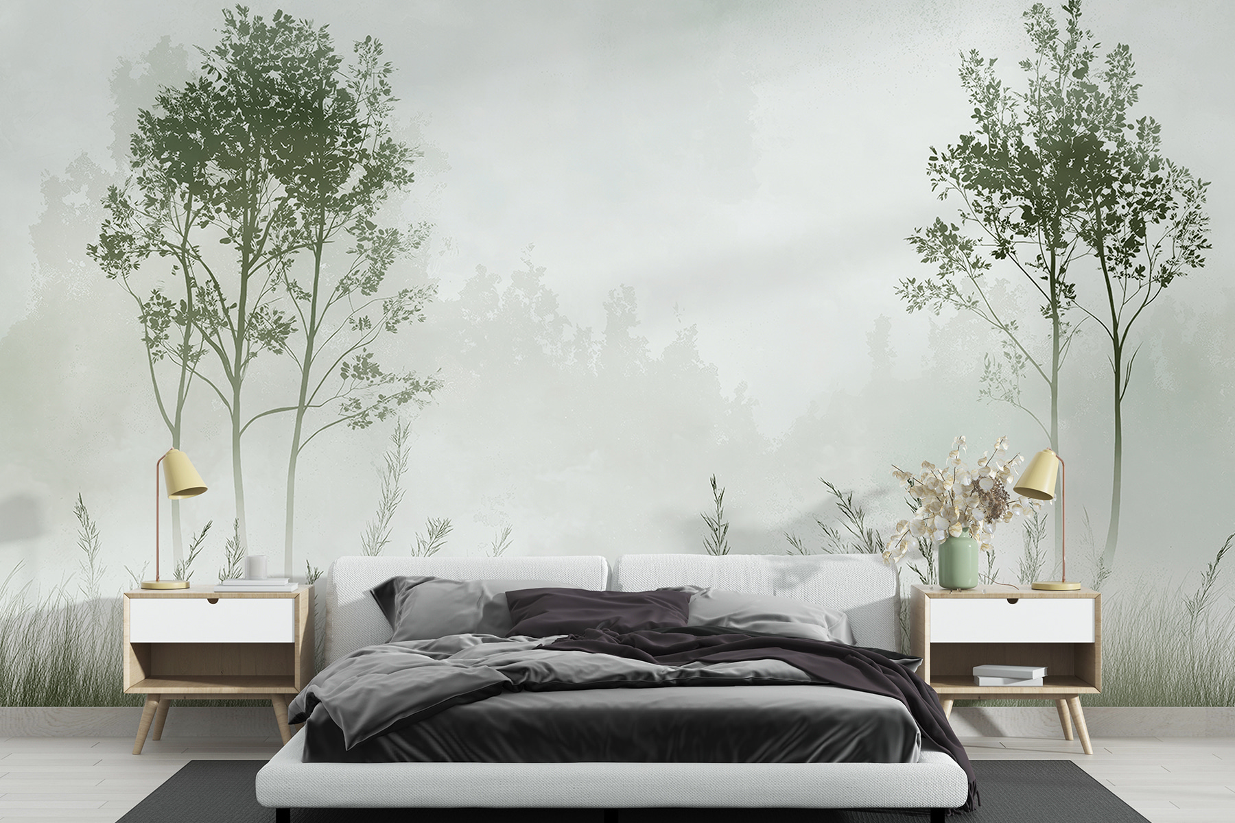 Foggy landscape with trees and grass Foggy landscape with trees and grass