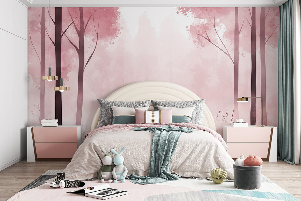 Foggy forest with pink trees