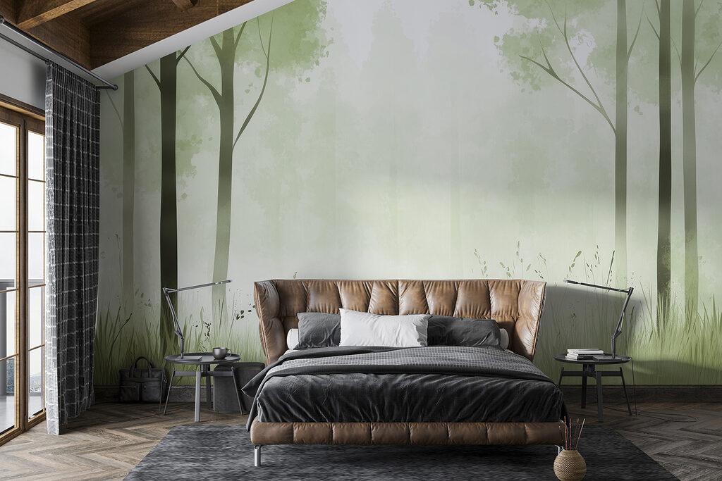 Foggy forest with trees and grass