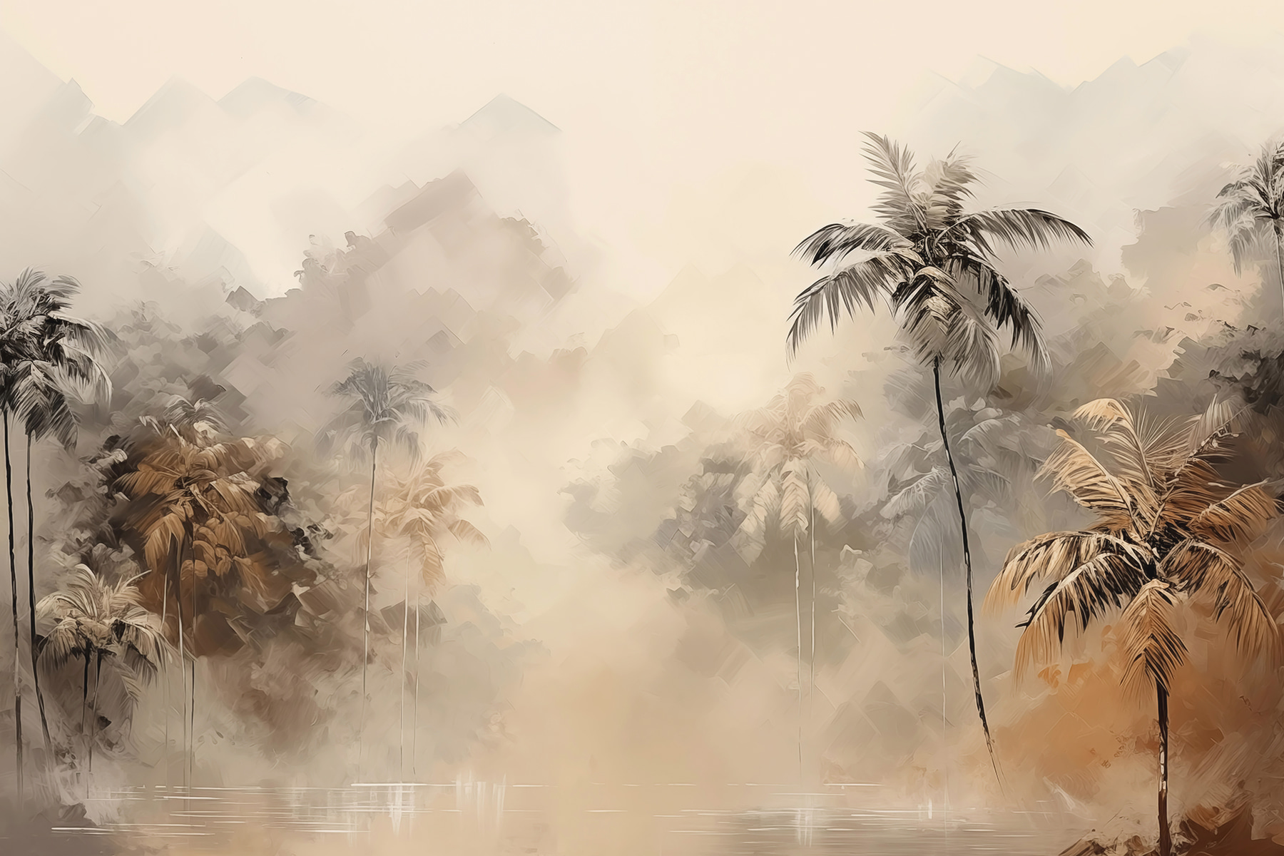Painting of a forest with trees and fog Painting of a forest with trees and fog