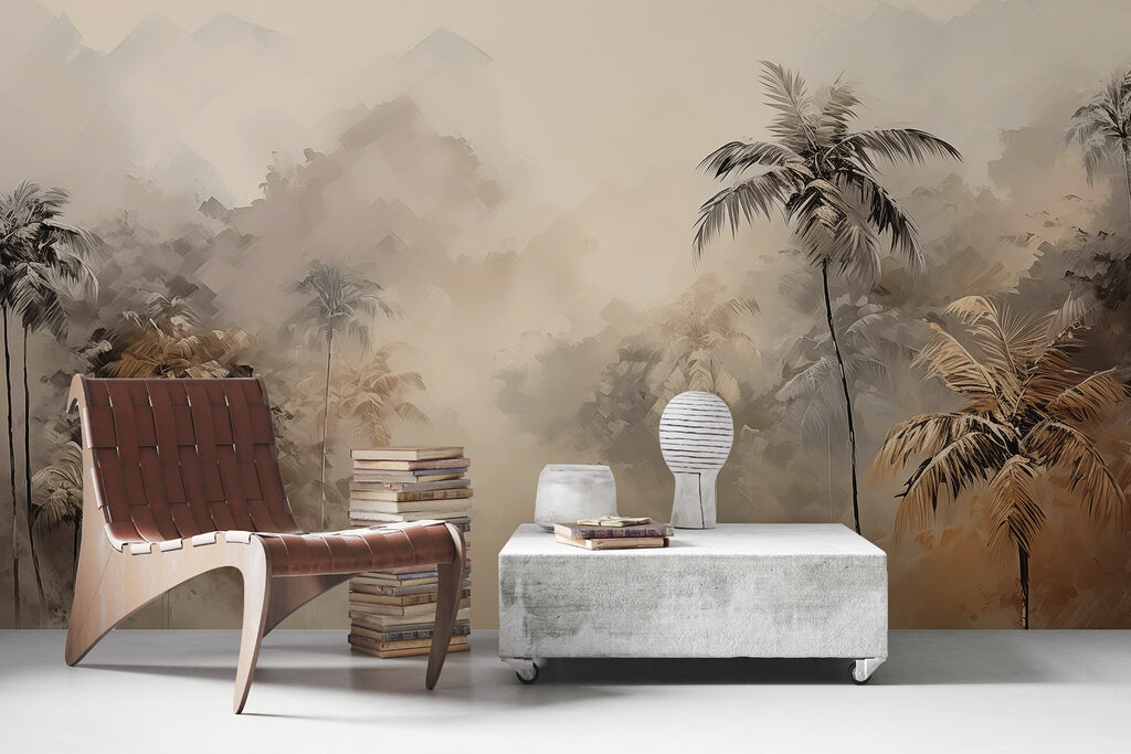 Painting of a forest with trees and fog Painting of a forest with trees and fog