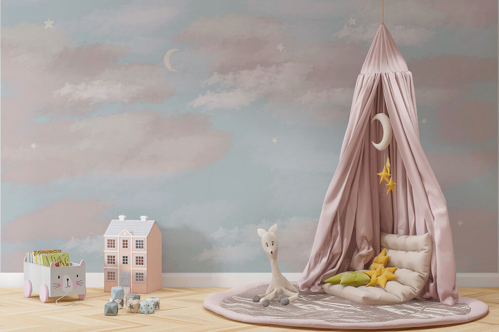 Blue sky with clouds and a crescent moon Blue sky with clouds and a crescent moon