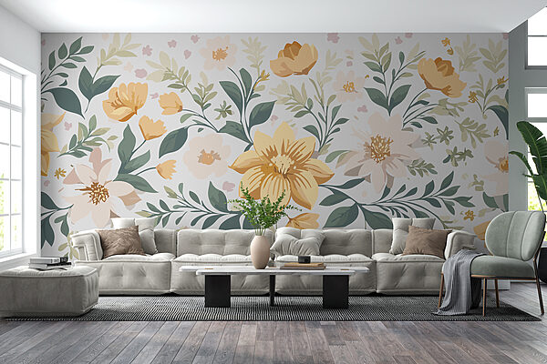 Virágos design sárga virágokkal és zöld levelekkel Virágos design sárga virágokkal és zöld levelekkel