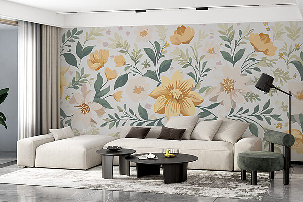 Virágos design sárga virágokkal és zöld levelekkel Virágos design sárga virágokkal és zöld levelekkel