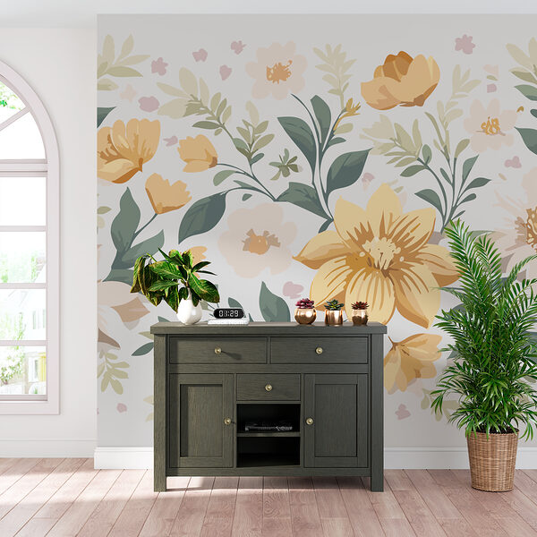 Virágos design sárga virágokkal és zöld levelekkel Virágos design sárga virágokkal és zöld levelekkel