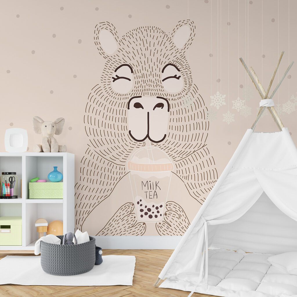 Cartoon of a bear holding a bubble tea