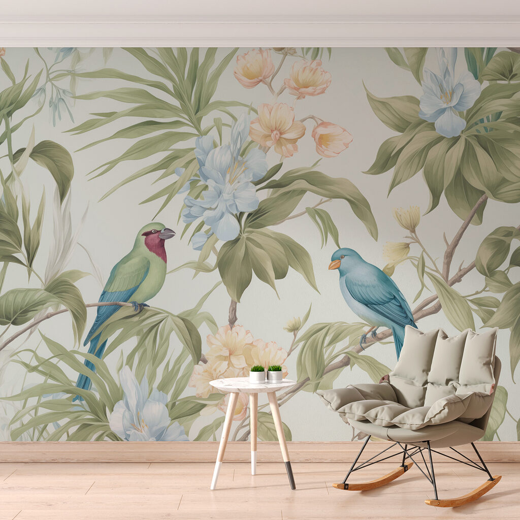 Wallpaper with birds and flowers