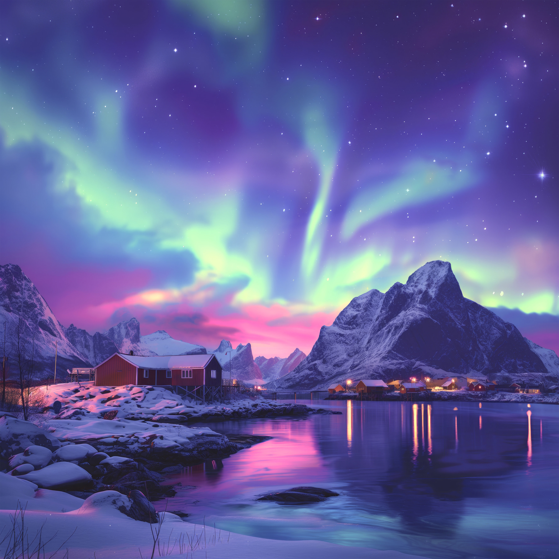 Snowy landscape with mountains and a lake Snowy landscape with mountains and a lake