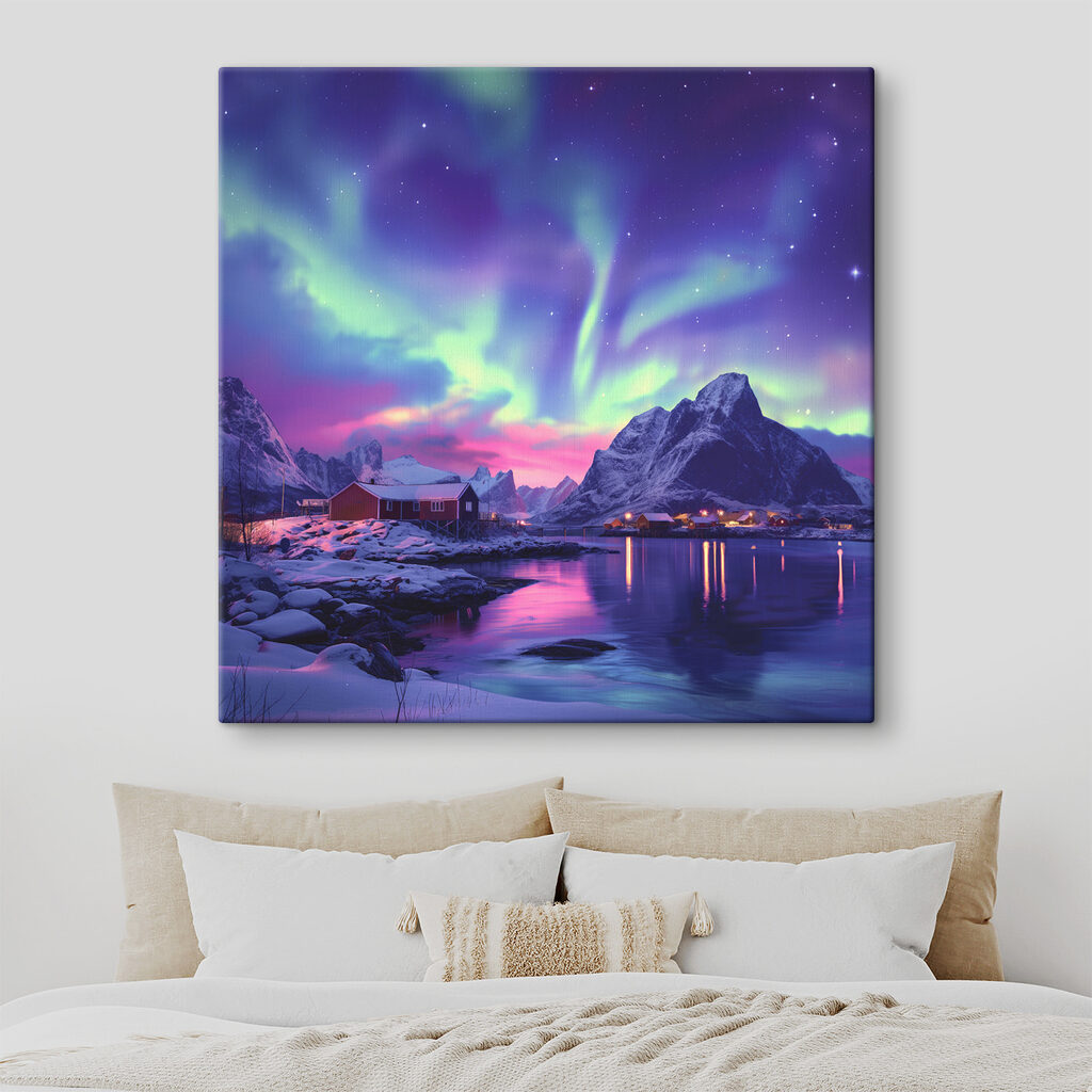 Snowy landscape with mountains and a lake