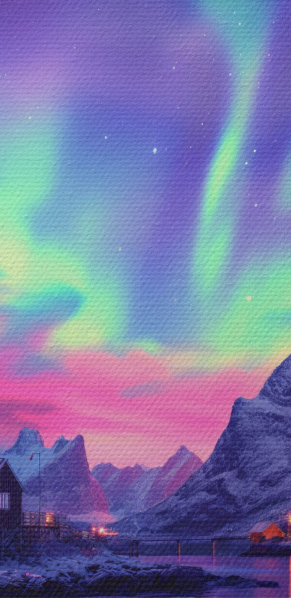 Snowy landscape with mountains and a lake