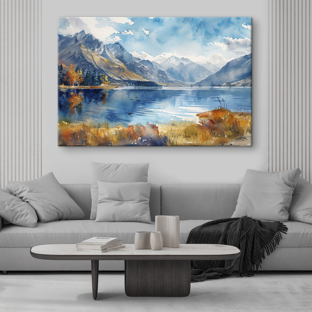 Watercolor painting of a lake surrounded by mountains and clouds