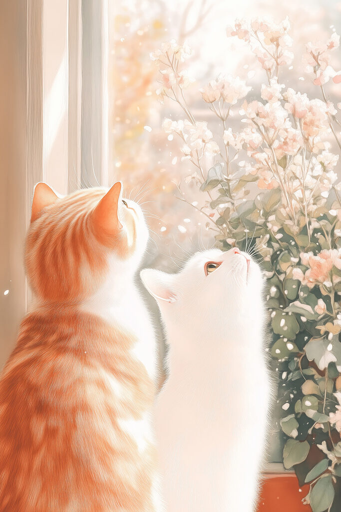 Two cats looking out a window