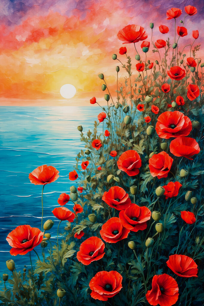 Painting of red flowers and water Painting of red flowers and water