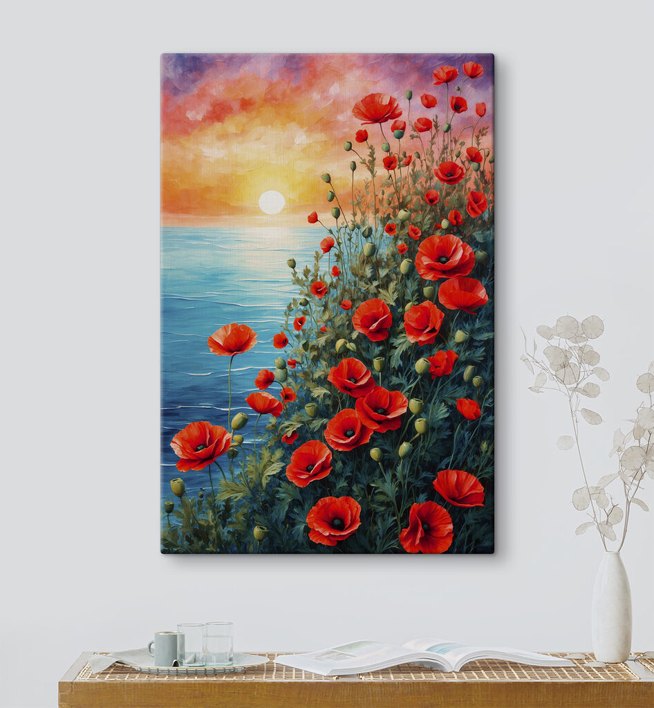 Painting of red flowers and water Painting of red flowers and water