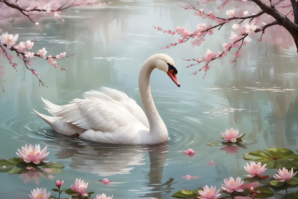 White swan in water with pink flowers