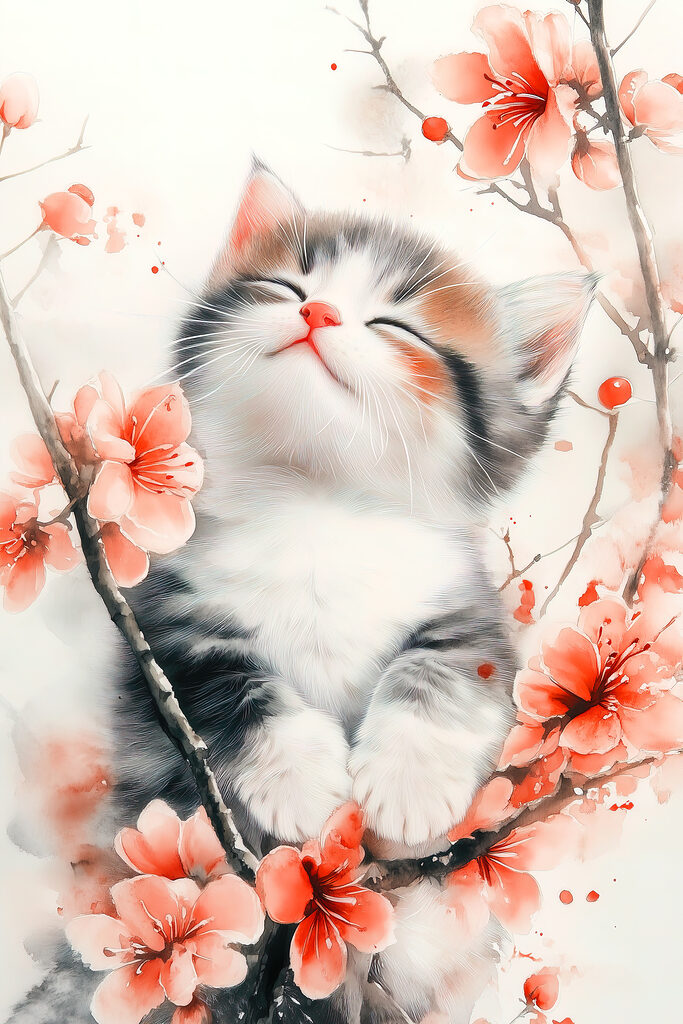 Cat sitting on a tree with flowers