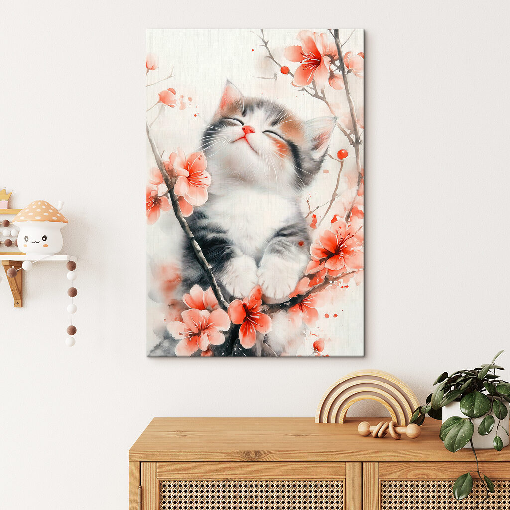 Cat sitting on a tree with flowers