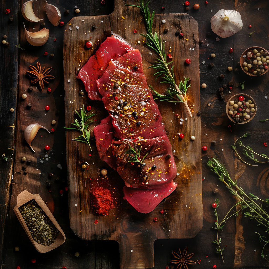 Meat on a cutting board with spices and herbs Meat on a cutting board with spices and herbs