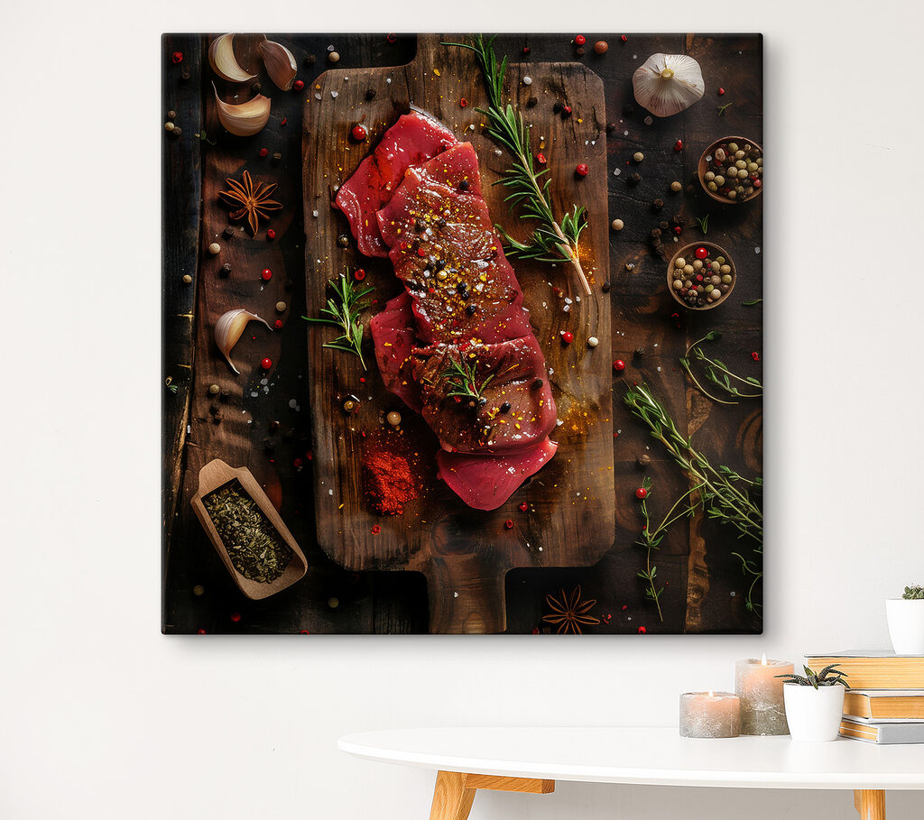 Meat on a cutting board with spices and herbs Meat on a cutting board with spices and herbs