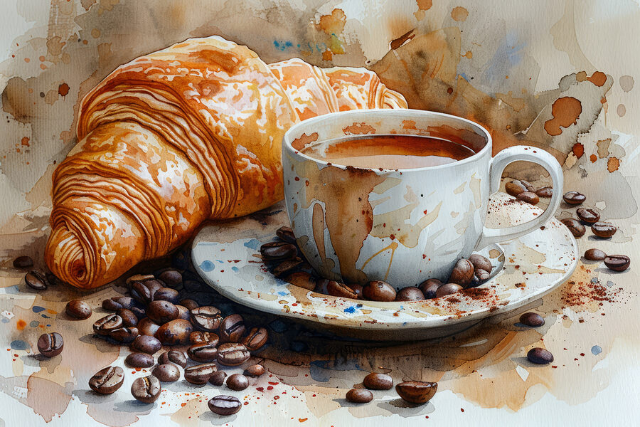 Akvarell egy csésze kávéval és egy croissant-tal Akvarell egy csésze kávéval és egy croissant-tal