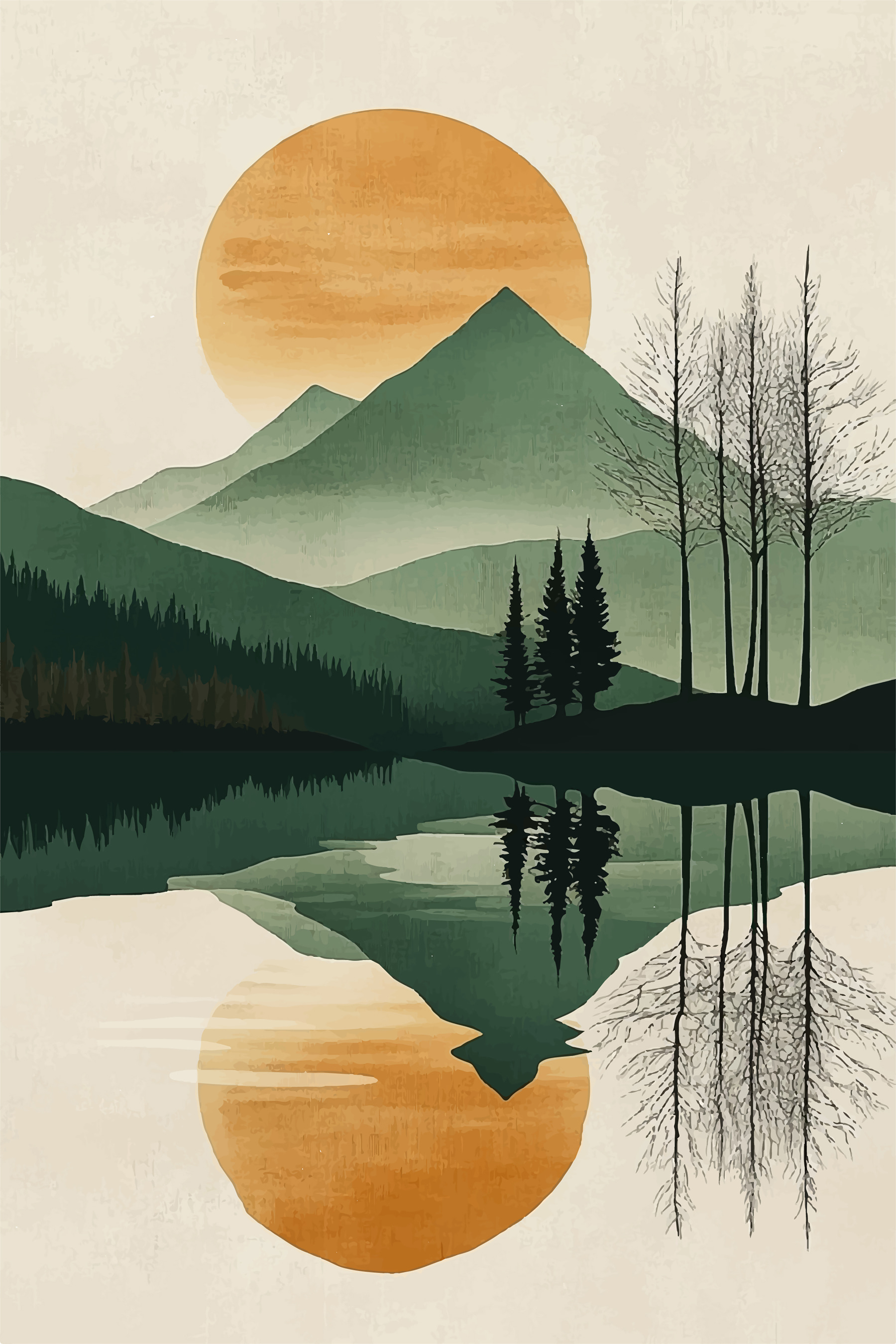 Landscape of mountains and trees and a lake